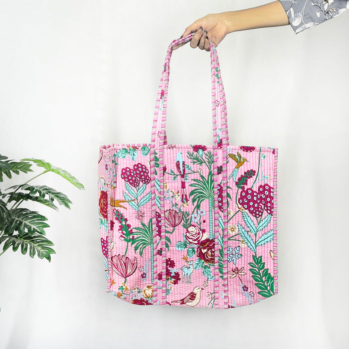 Cotton Tote Bags from Marika Textiles, Quilted Shoulder Bags, Beautiful Handbag, Floral Print, Baby Pink Beach Bags