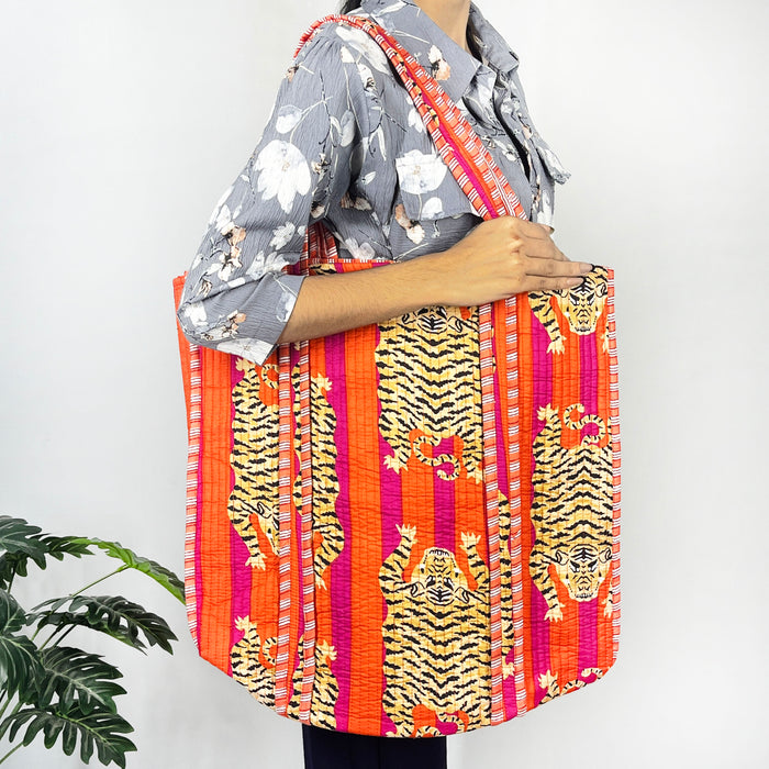 Eco-Friendly Cotton Quilted Tiger Print Shoulder Bags - Multi-Purpose Handbags from Marika Textile