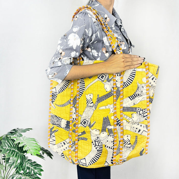 Eco-friendly Cotton Quilted Shoulder Bags with a Yellow Cat Print, a stylish Tote Bag and Handbag