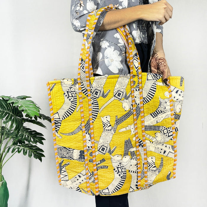 Eco-friendly Cotton Quilted Shoulder Bags with a Yellow Cat Print, a stylish Tote Bag and Handbag