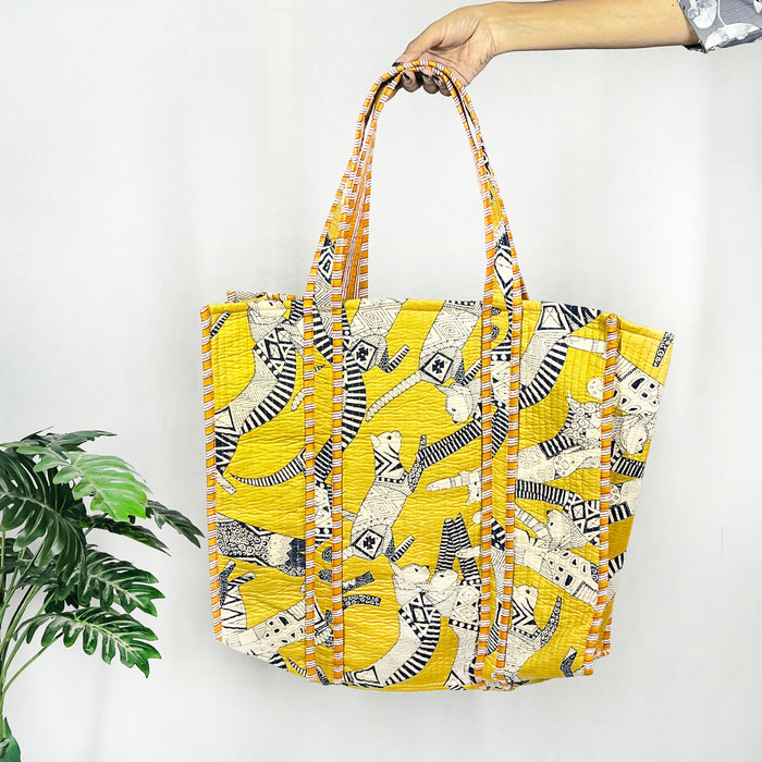 Eco-friendly Cotton Quilted Shoulder Bags with a Yellow Cat Print, a stylish Tote Bag and Handbag