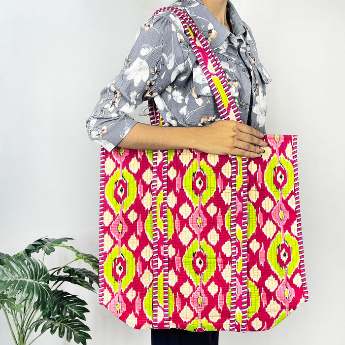 100% Cotton Ikat Tote Bag for Shopping, a Cotton Quilted Shoulder Bag from Marika Textiles