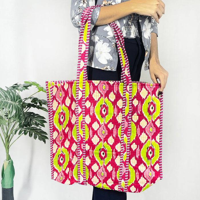 100% Cotton Ikat Tote Bag for Shopping, a Cotton Quilted Shoulder Bag from Marika Textiles