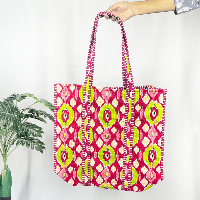 100% Cotton Ikat Tote Bag for Shopping, a Cotton Quilted Shoulder Bag from Marika Textiles