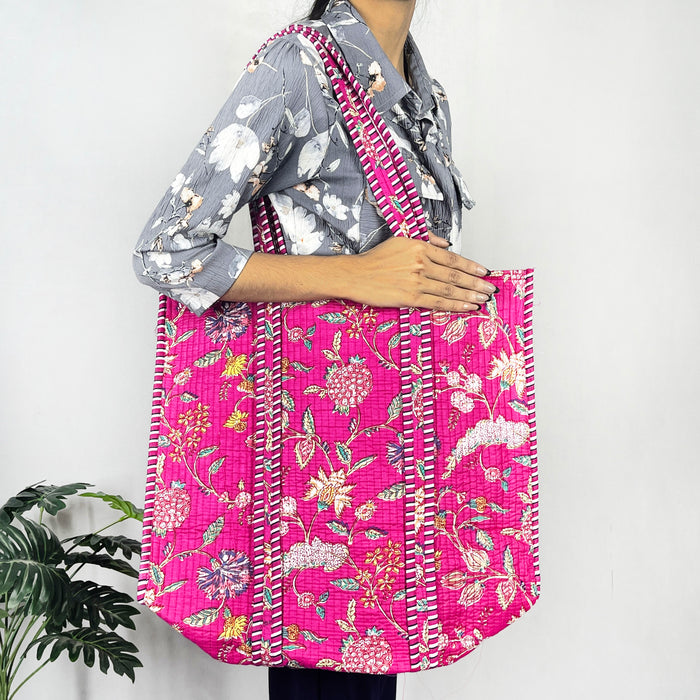 Floral Print Quilted Cotton Beach Bag, Pink Shoulder Bag, and Classic Handbag from Marika Textiles