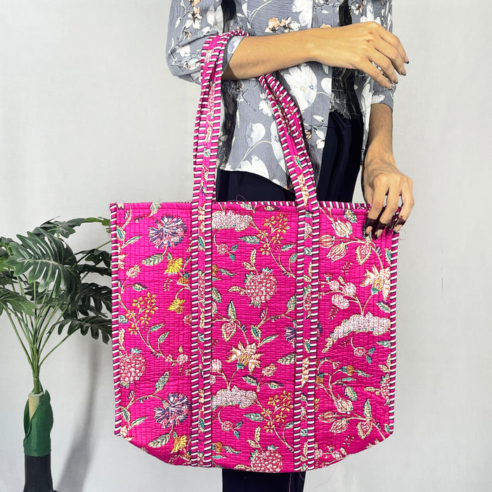 Floral Print Quilted Cotton Beach Bag, Pink Shoulder Bag, and Classic Handbag from Marika Textiles