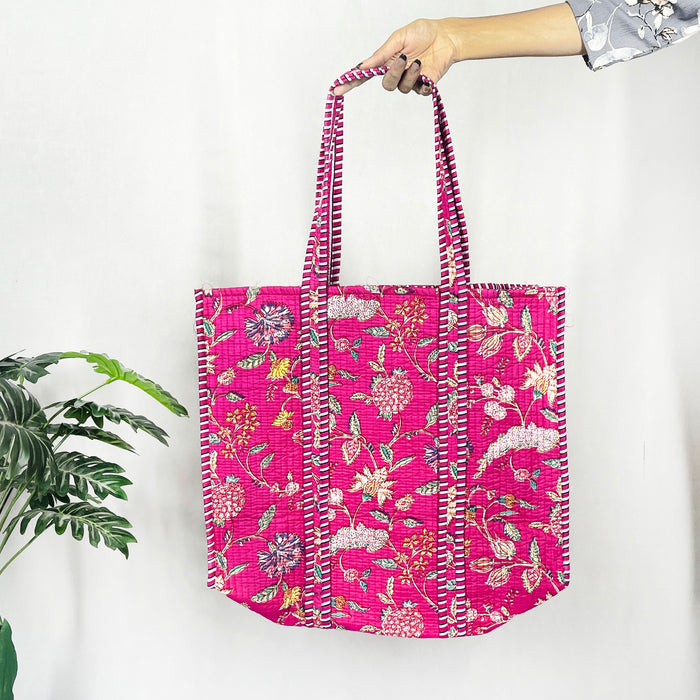 Floral Print Quilted Cotton Beach Bag, Pink Shoulder Bag, and Classic Handbag from Marika Textiles