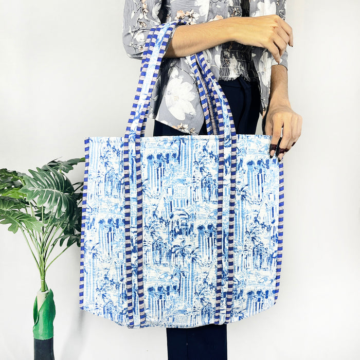 Blue Hand-Block Cotton Tote – Quilt Shopping Bag at ₹645 — Marika