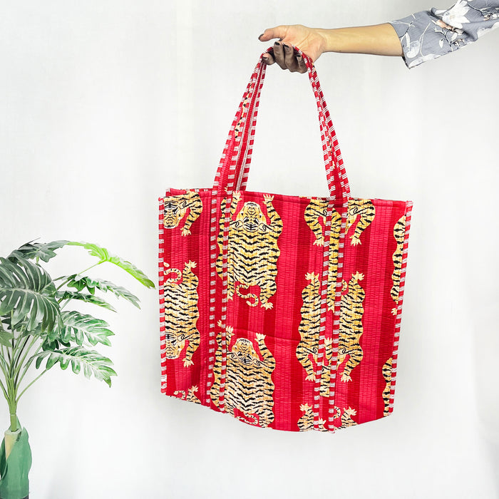 Red Tiger Print Handbag from Marika Textiles, Eco-friendly Quilted Cotton Tote Bags