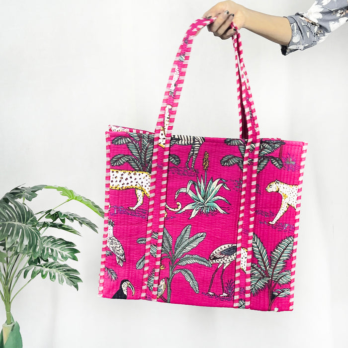 Eco-friendly Cotton Tote Bag with Pink Forest Print – Quilted Shoulder Bag for Shopping