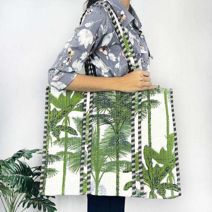 Handmade Cotton Green Tree Print reversible Shopping Bag,Tote Bag,Large Shopping Bag,Quilted Tote Bag,Large Floral Bag,