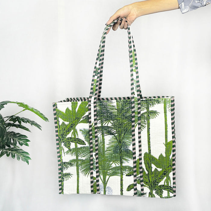 Handmade Cotton Green Tree Print reversible Shopping Bag,Tote Bag,Large Shopping Bag,Quilted Tote Bag,Large Floral Bag,