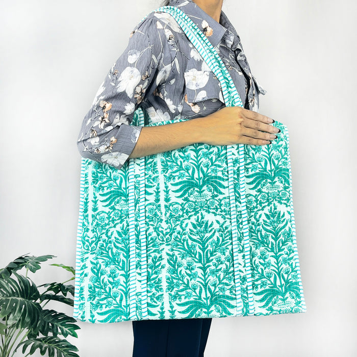 Indian Quilted Tote Bag, Women Shopping Totes Bag, Floral Print Bag Cotton Handmade Bags from Marika Textiles