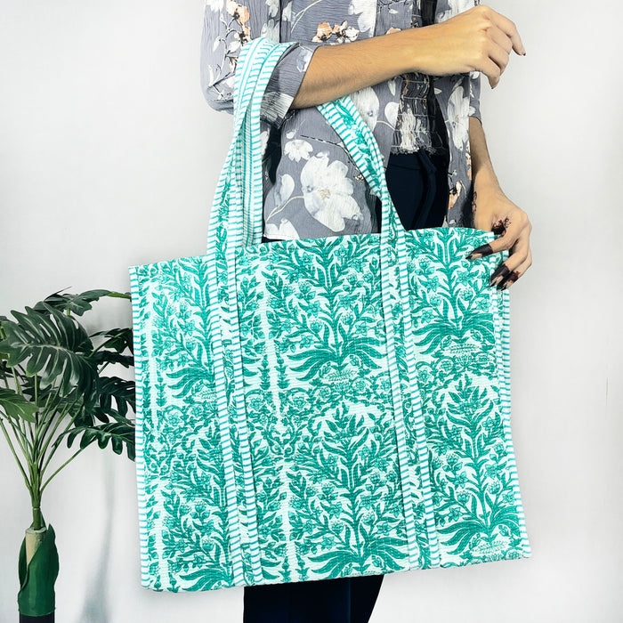 Indian Quilted Tote Bag, Women Shopping Totes Bag, Floral Print Bag Cotton Handmade Bags from Marika Textiles