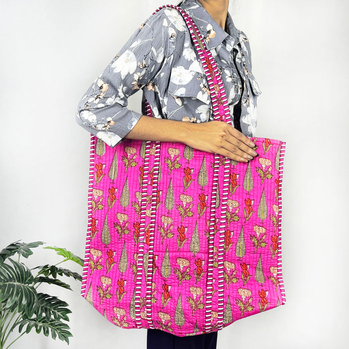 Floral Print Cotton Quilted Bag for Shopping Indian Handmade Bag, Women Shoulder Bag, Beach Bag