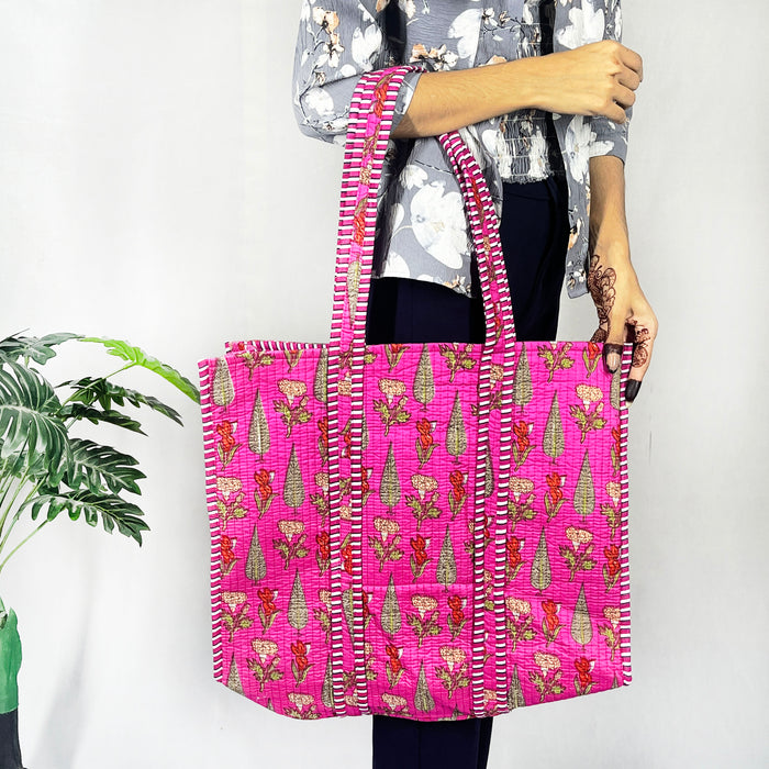 Floral Print Cotton Quilted Bag for Shopping Indian Handmade Bag, Women Shoulder Bag, Beach Bag