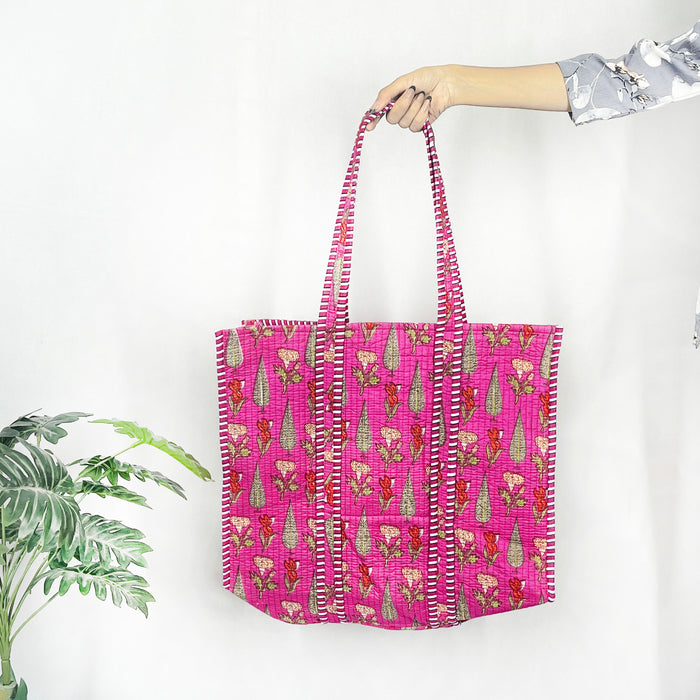 Floral Print Cotton Quilted Bag for Shopping Indian Handmade Bag, Women Shoulder Bag, Beach Bag