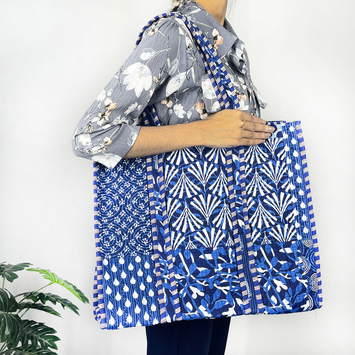 Handmade Cotton Blue Patch Print reversible Shopping Bag,Tote Bag,Large Shopping Bag,Quilted Tote Bag