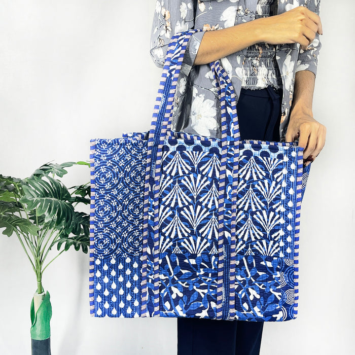 Handmade Cotton Blue Patch Print reversible Shopping Bag,Tote Bag,Large Shopping Bag,Quilted Tote Bag