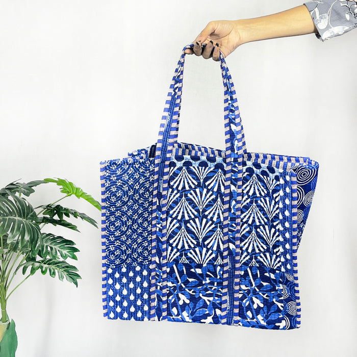 Handmade Cotton Blue Patch Print reversible Shopping Bag,Tote Bag,Large Shopping Bag,Quilted Tote Bag