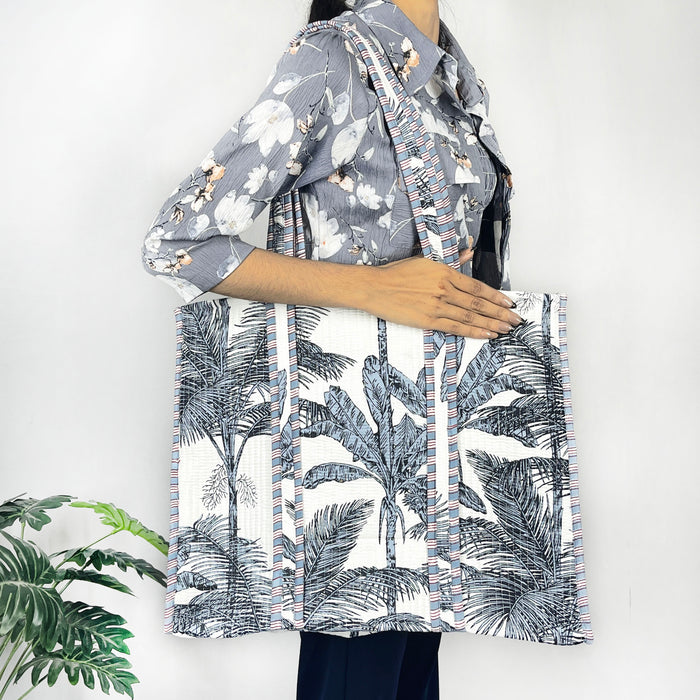 Quilted Cotton Reversible Grey White Tote Bag Eco friendly Shopping Bag, Handbag, Tree Print Tote Bag