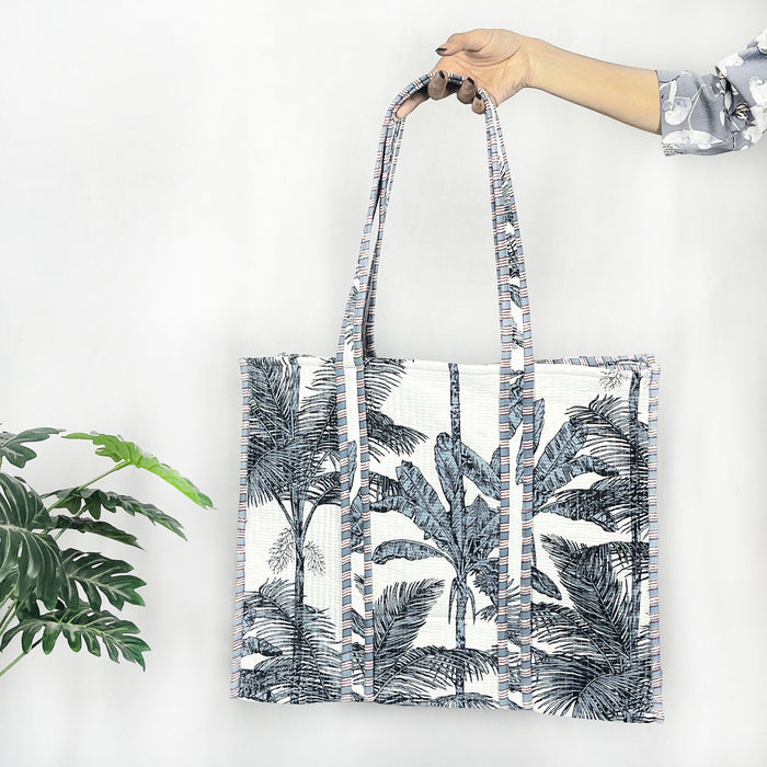 Quilted Cotton Reversible Grey White Tote Bag Eco friendly Shopping Bag, Handbag, Tree Print Tote Bag