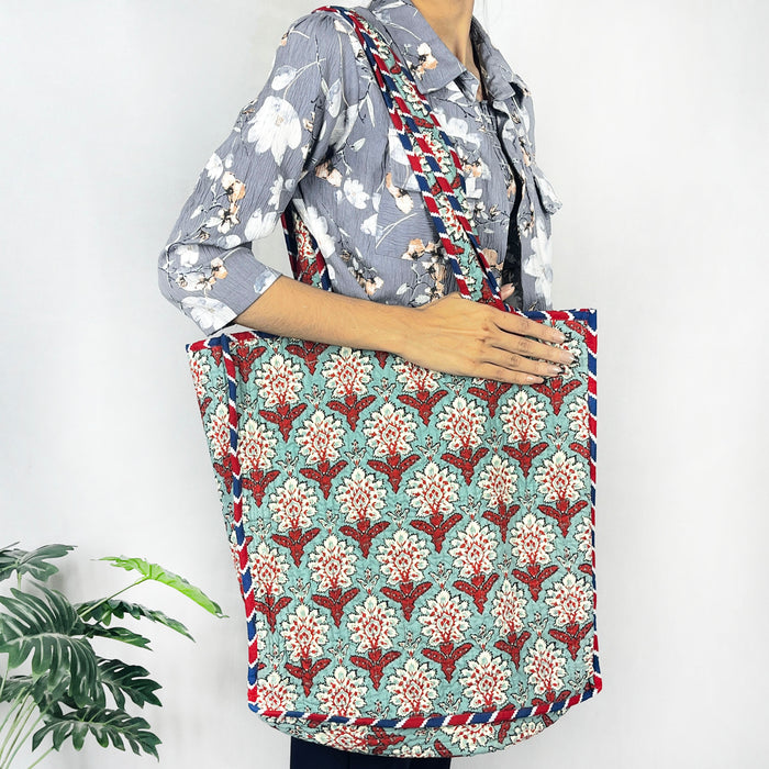 Handmade Cotton Green Floral Print reversible Shopping Bag, Large Shopping Bag,Quilted Tote Bag