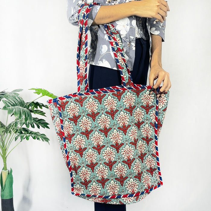 Handmade Cotton Green Floral Print reversible Shopping Bag, Large Shopping Bag,Quilted Tote Bag