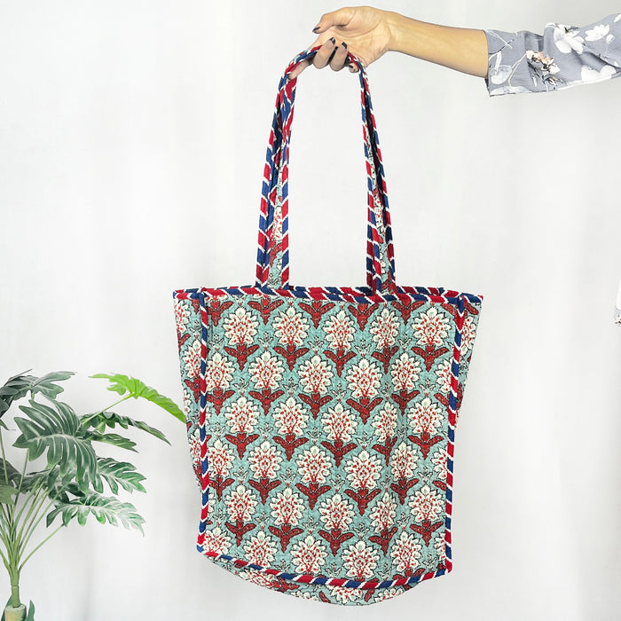 Handmade Cotton Green Floral Print reversible Shopping Bag, Large Shopping Bag,Quilted Tote Bag