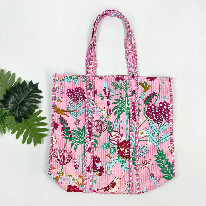 Cotton Tote Bags from Marika Textiles, Quilted Shoulder Bags, Beautiful Handbag, Floral Print, Baby Pink Beach Bags