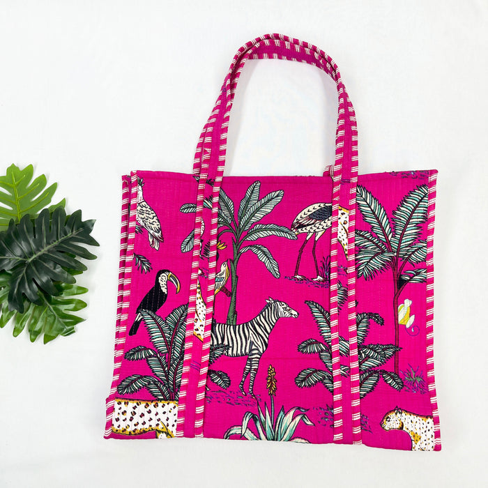 Eco-friendly Cotton Tote Bag with Pink Forest Print – Quilted Shoulder Bag for Shopping