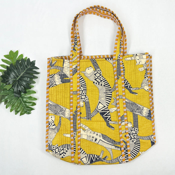 Eco-friendly Cotton Quilted Shoulder Bags with a Yellow Cat Print, a stylish Tote Bag and Handbag