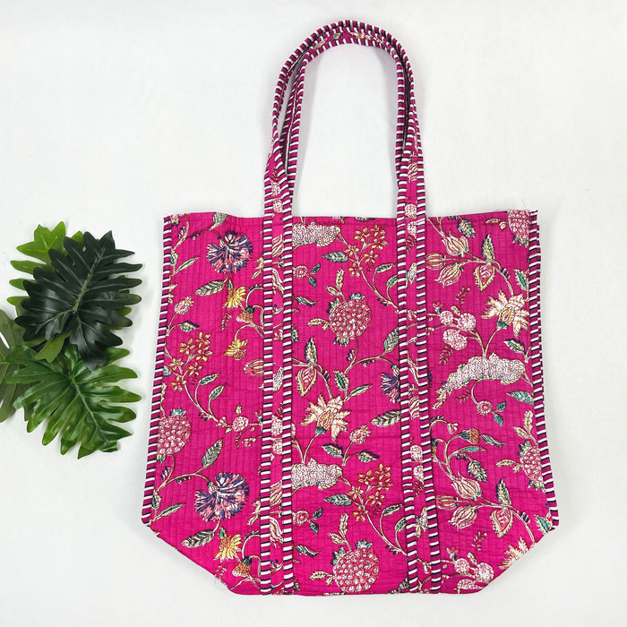 Floral Print Quilted Cotton Beach Bag, Pink Shoulder Bag, and Classic Handbag from Marika Textiles