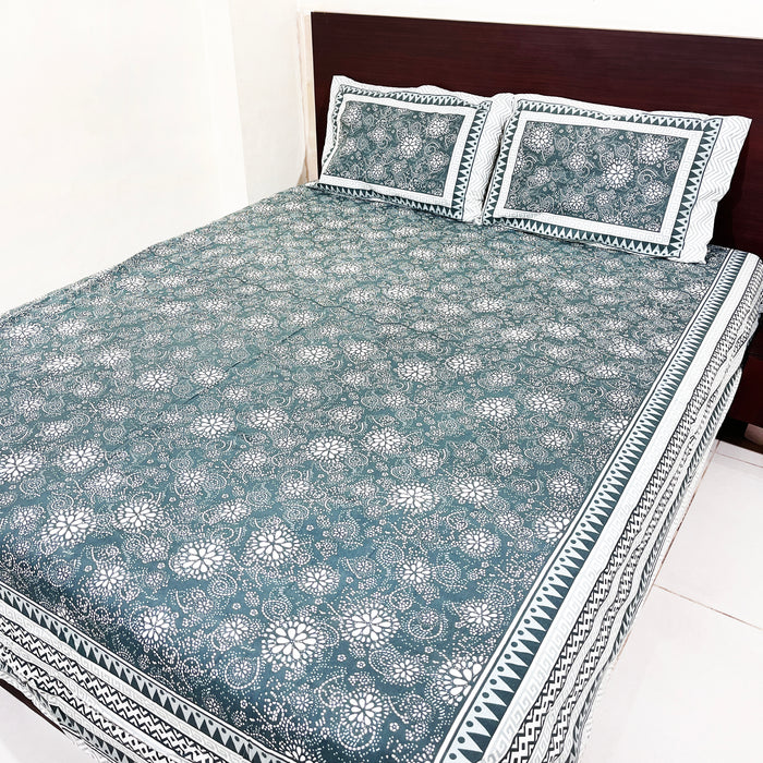 Shop Indian Cotton Bedspread Floral Print Green Bedcover | 2 Pillow Cover