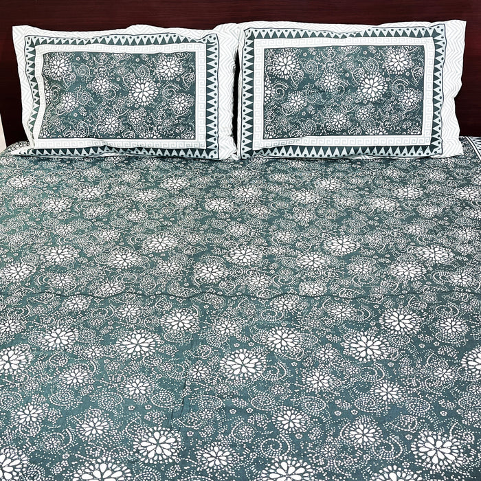 Shop Indian Cotton Bedspread Floral Print Green Bedcover | 2 Pillow Cover