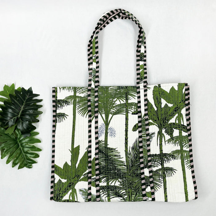 Handmade Cotton Green Tree Print reversible Shopping Bag,Tote Bag,Large Shopping Bag,Quilted Tote Bag,Large Floral Bag,