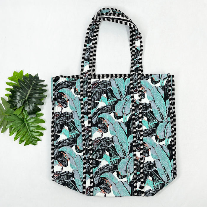 Grey & Sky Blue Banana Leaf Print Tote Bag – Eco-Friendly Cotton Essential for Shopping & Everyday Use