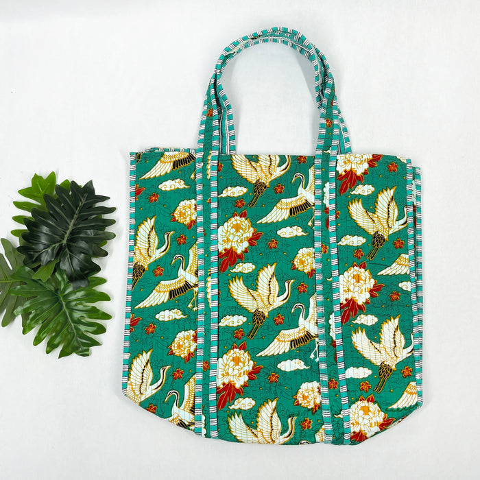 Charming Green Floral Bird Print Cotton Tote Bag - Eco-Friendly & Versatile for Every Occasion