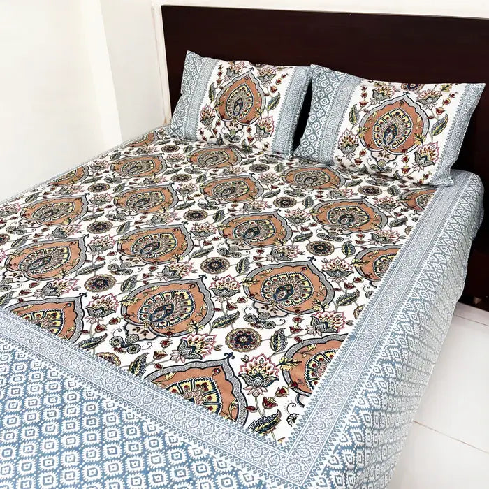 Sanganeri Print Bedsheet 100% Pure Cotton King Size Bedsheet with Pillow Covers, Floral Print Bedspread, Blue Bed Decor