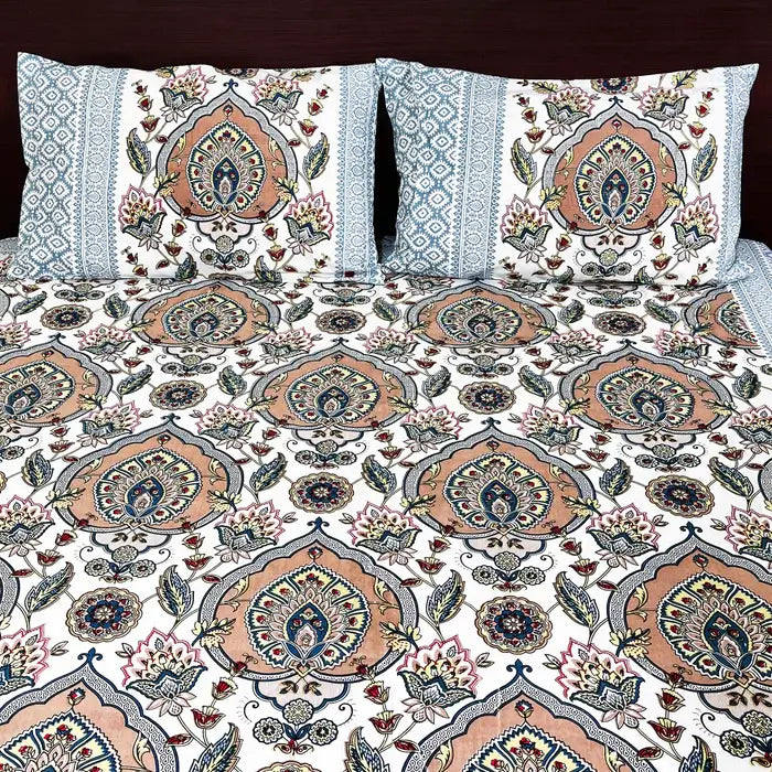 Sanganeri Print Bedsheet 100% Pure Cotton King Size Bedsheet with Pillow Covers, Floral Print Bedspread, Blue Bed Decor