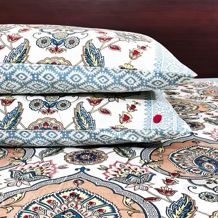 Sanganeri Print Bedsheet 100% Pure Cotton King Size Bedsheet with Pillow Covers, Floral Print Bedspread, Blue Bed Decor