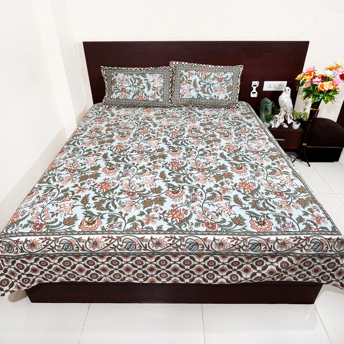 Indian Handprinted 93X108 Inches Cotton Bedsheet Set with Pillow Covers, Greyish Blue Floral Print Bedspread, Coverlet