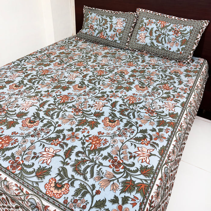 Indian Handprinted 93X108 Inches Cotton Bedsheet Set with Pillow Covers, Greyish Blue Floral Print Bedspread, Coverlet