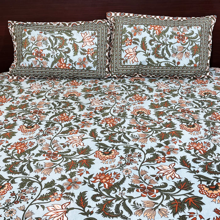 Indian Handprinted 93X108 Inches Cotton Bedsheet Set with Pillow Covers, Greyish Blue Floral Print Bedspread, Coverlet