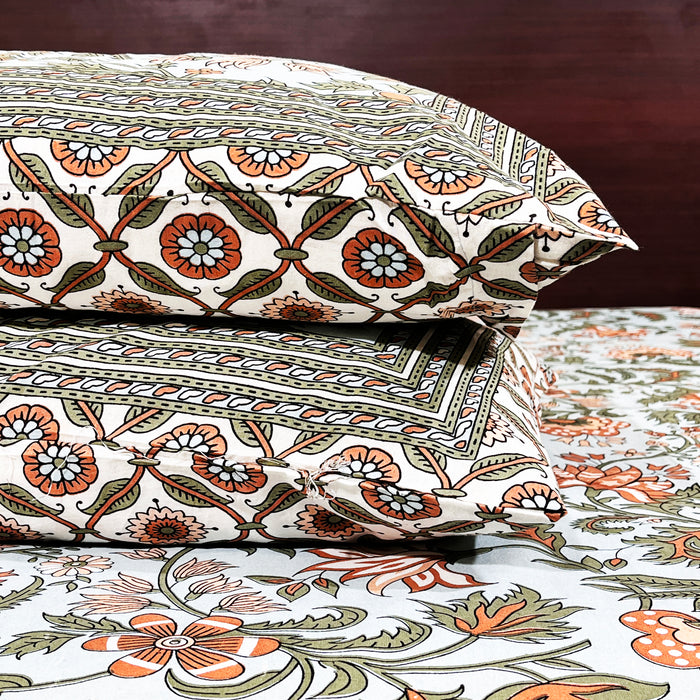 Indian Handprinted 93X108 Inches Cotton Bedsheet Set with Pillow Covers, Greyish Blue Floral Print Bedspread, Coverlet