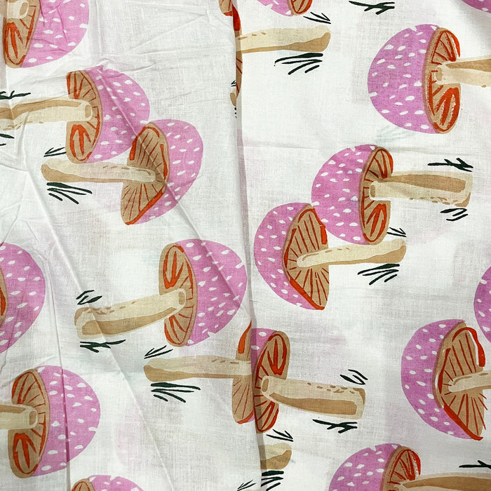 Pink Mushroom Print On White Cotton Fabric 100% Cotton Fabric 90 GSM Cotton Fabric