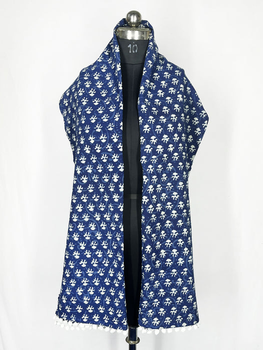 Handmade Pure 100% Cotton Scarfs Indian Scarves Hand Block Indigo-Blue Bandana Sarong Gift For Him 22X72 Inch