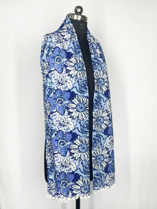 Cotton Handmade Scarfs Women's Neck Scarves Blue & White Stole With Floral Design 22X72 Inch Sarong