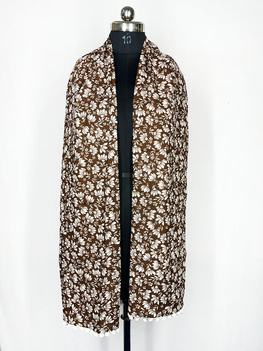 Pom-pom trim with a brown and white floral print scarf 22x72 Inch