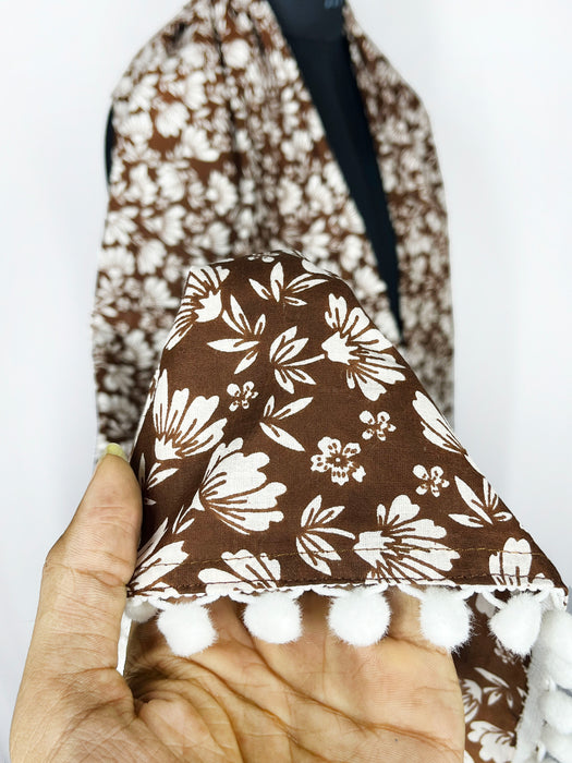 Pom-pom trim with a brown and white floral print scarf 22x72 Inch